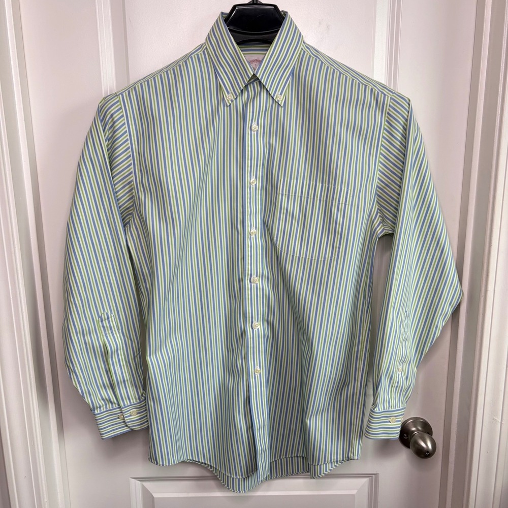 Brooks Brothers 346 Mens Small Blue Green Striped Non-Iron Cotton Button Down